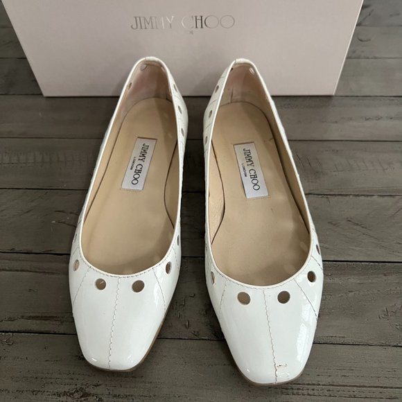 Jimmy Choo Shoes - JIMMY CHOO Pat Patent Leather White Laser Cut Flats Size 36.5